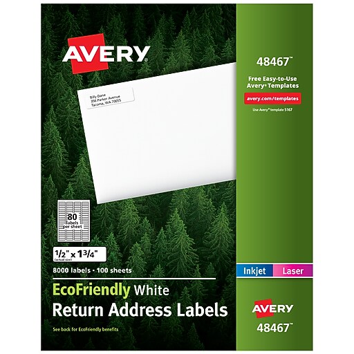Avery EcoFriendly Laser/Inkjet Return Address Labels, 1/2" x 13/4", 80 Labels/Sheet, 100 Sheets