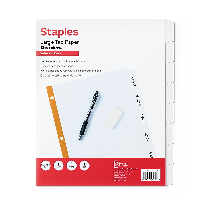 Staples Large Tab Write & Erase Paper Dividers, White, 8-Tabs (ST63046) image 1