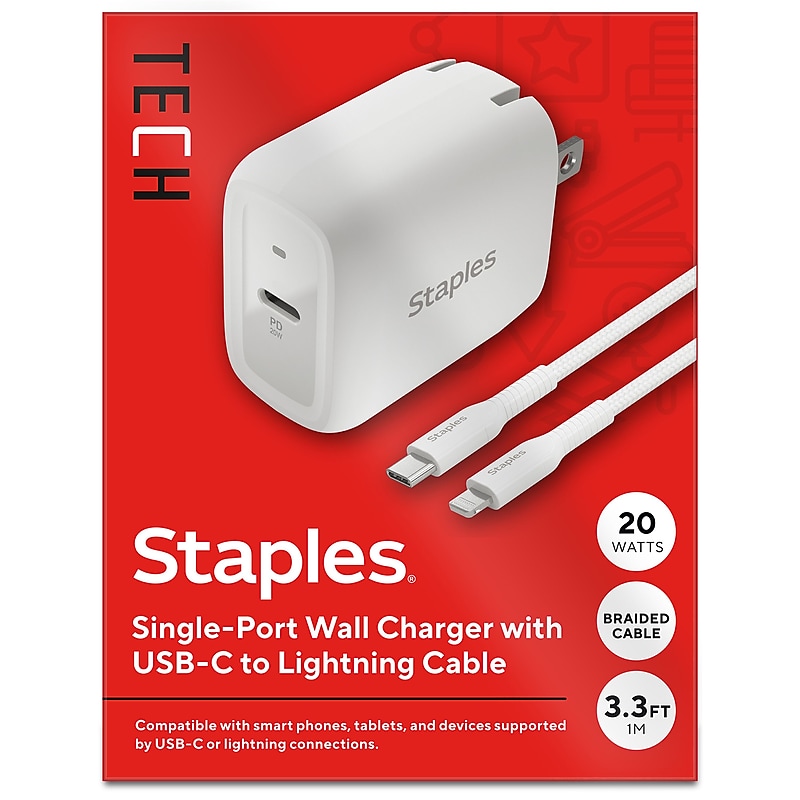 Staples TECH USB-C Wall Charger with Cable, 20W, White (ST62321) image 1