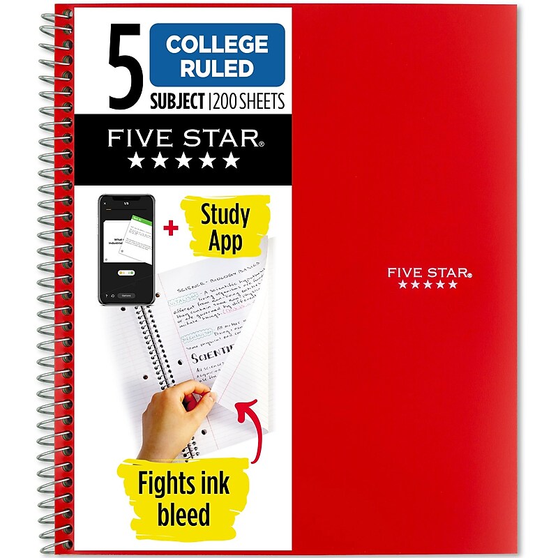 Five Star 5-Subject Notebook, 8.5" x 11", College Ruled, 200 Sheets, Red (72077) image 1