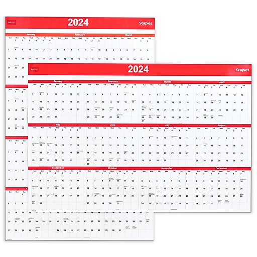 2025 Staples 48" x 32" Dry Erase Wall Calendar, Red/White (ST5391124