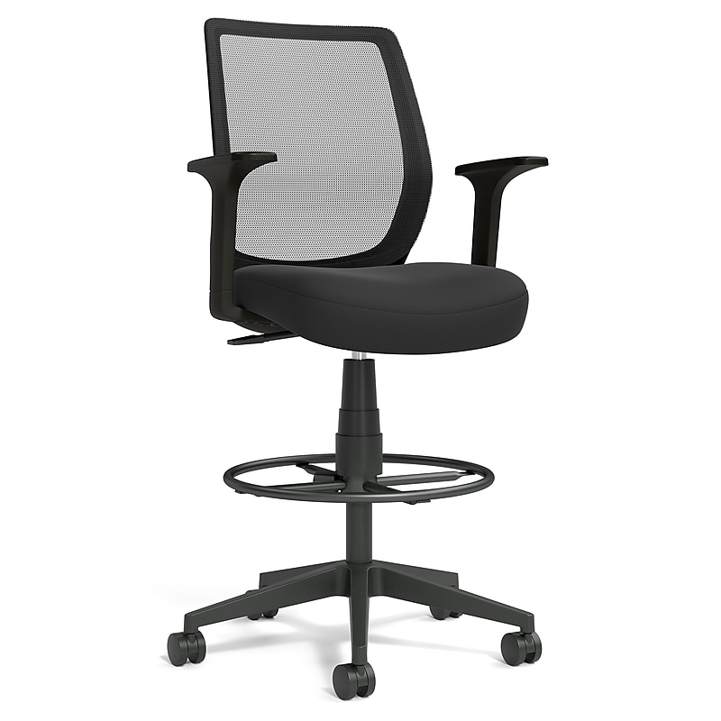 Staples Essentials Fabric Drafting Stool with Backrest and Footrest, Black (UN59384) image 1