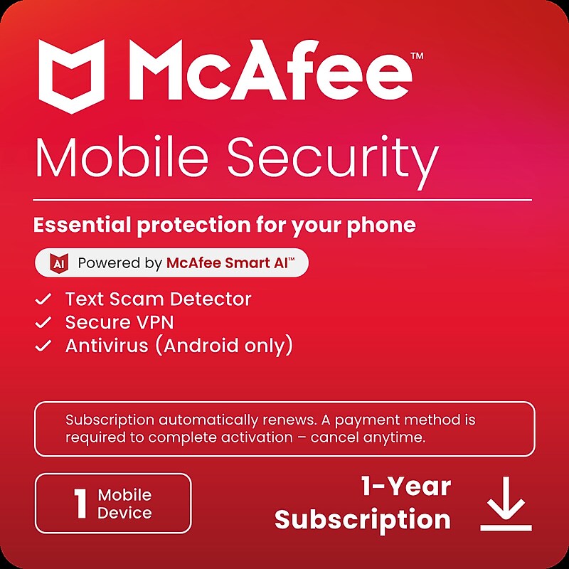 McAfee Mobile Security for 1 User, Android/iOS/ChromeOS, Download (MMB21EST1RAAD) image 1