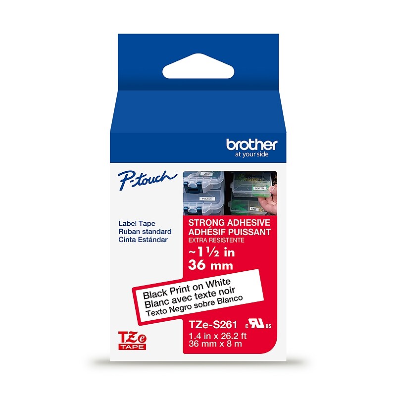 Brother P-touch Strong Adhesive Laminated Label Tape, ~1-1/2" x 26.2', Black on White (TZeS261) image 1