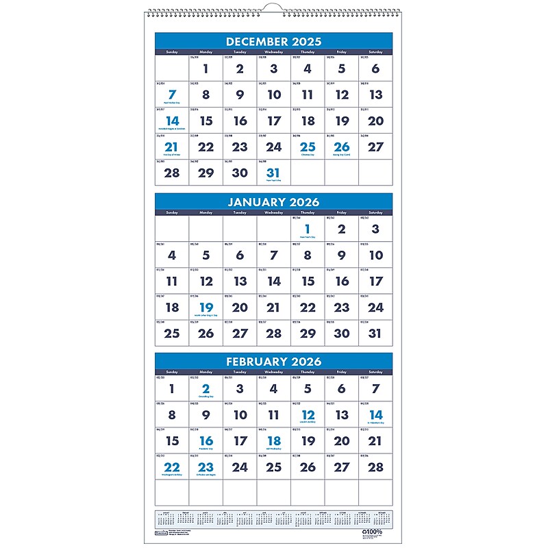 2026 House of Doolittle 12.25" x 26" Three-Month Wall Calendar, Blue (3640-26) image 1