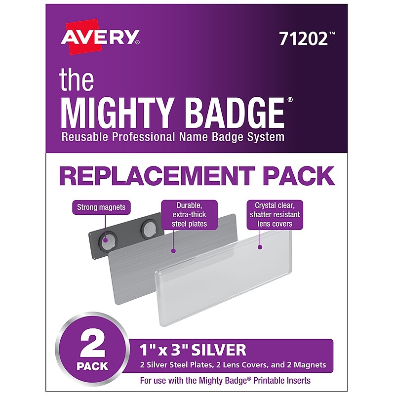 Avery The Mighty Badge Inkjet Reusable  Magnetic Name Badge Replacement Pack, 1" x 3", Silver, 2/Pack (71202) image 1