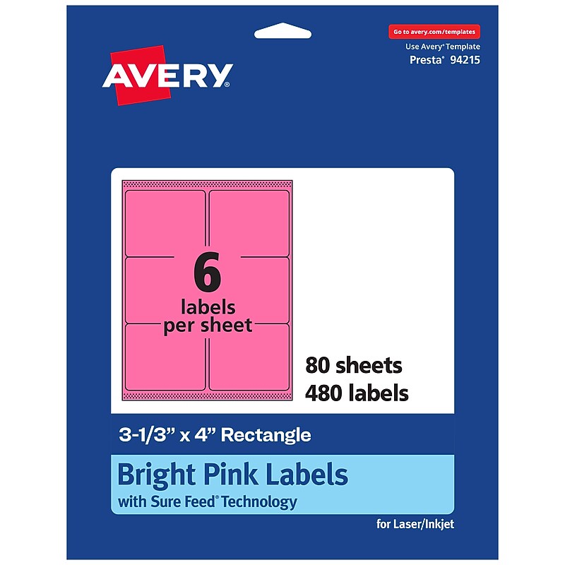 Avery Laser/Inkjet Rectangle Multipurpose Labels, 3-1/3" x 4", Bright Pink, 480/Box (94215) image 1