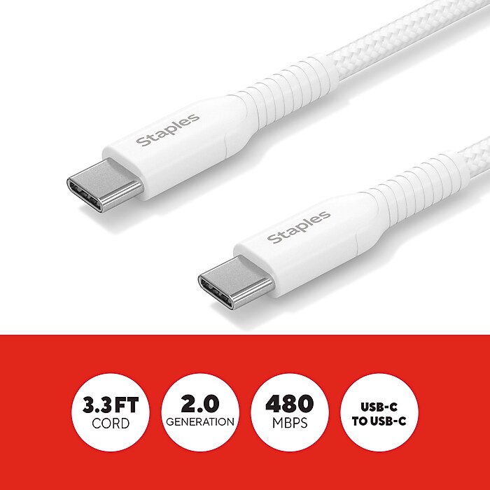 Staples TECH USB-C to USB-C Charging Cable, 3.3 ft., 480 Mbps