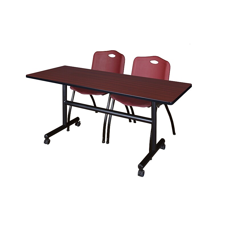 Regency Kobe 60" Flip Top Mobile Training Table- Mahogany & 2 'M' Stack Chairs- Burgundy image 1