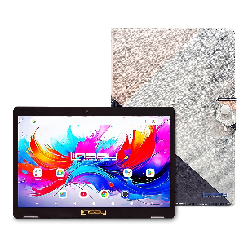 LINSAY F10 Series 10.1" Tablet, Wi-Fi, Octa Core, 256GB eMMC, Android 15, Black Pink White Marble Case (F10IPGCBPWPLUS) image 1