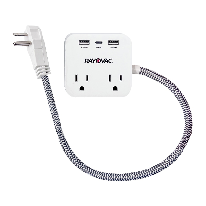 RAYOVAC 2-Outlet 3-USB Port Surge Protector, 1.5-ft. Cord, 450-Joules, White (FL-143SC) image 1