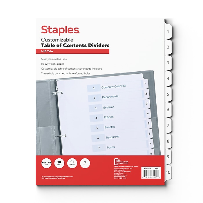 Staples Numeric Table of Contents Dividers, 1–10 Tabs, White | Staples