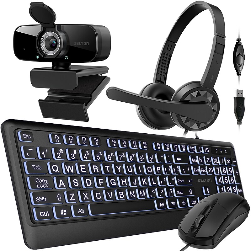 Delton Work Anywhere 12Y USB Headset, 1080p Webcam, Big-Key USB Keyboard & Mouse Bundle, Black (DBND4WRD10YREG) image 1