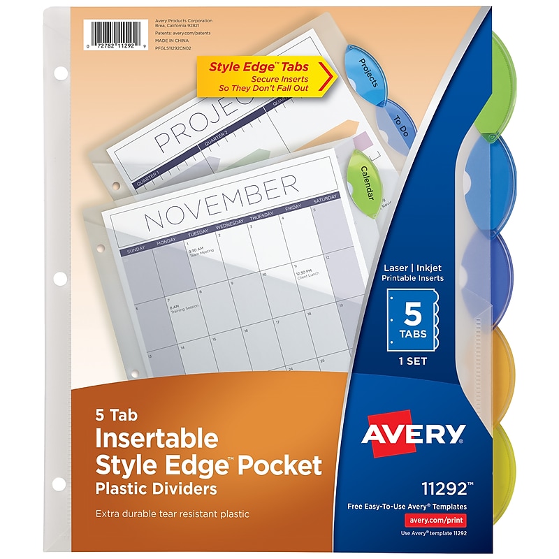 Avery Style Edge Insertable Plastic Dividers with Pocket, 5 Tabs, Multicolor (11292) image 1
