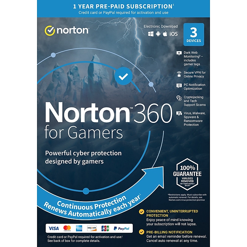 Norton 360 for Gamers for 3 Devices, Windows/Mac/Android/iOS, Download (21413621) image 1