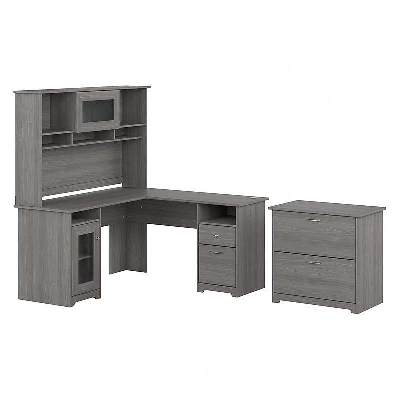 Bush Furniture Cabot 60"W L Shaped Computer Desk with Hutch and Lateral File Cabinet, Modern Gray (CAB005MG) image 1