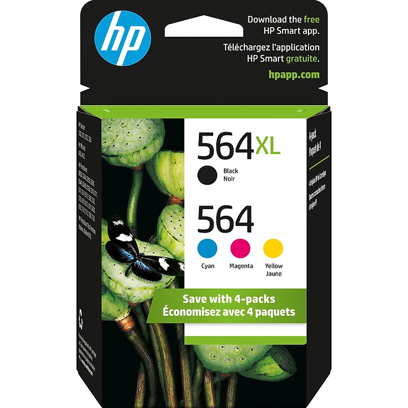 HP 564XL/564 Black High Yield and Cyan/Magenta/Yellow Standard Yield Ink Cartridge, 4/Pack (N9H60FN#140) image 1