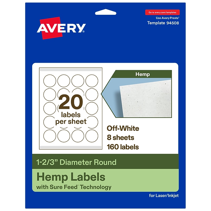 Avery Hemp Round Laser/Inkjet Multipurpose Labels, 1-2/3" Dia, Off-White (160/Pack) image 1
