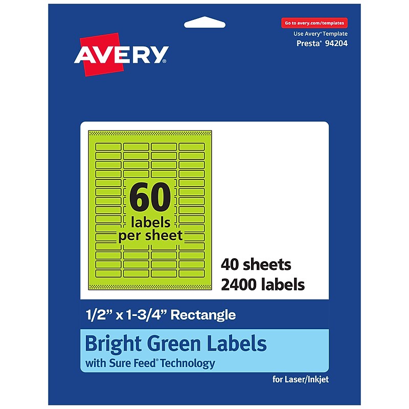 Avery Laser/Inkjet Multipurpose Rectangle Labels, 0.5" x 1.75", Bright Green, 2400/Pack (94204) image 1
