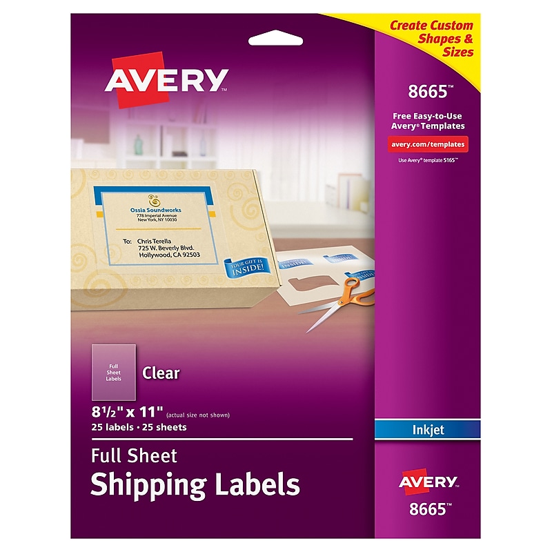 Avery Inkjet Shipping Labels, 8 1/2" x 11", Matte Clear, 25 Labels/Pack (8665) image 1