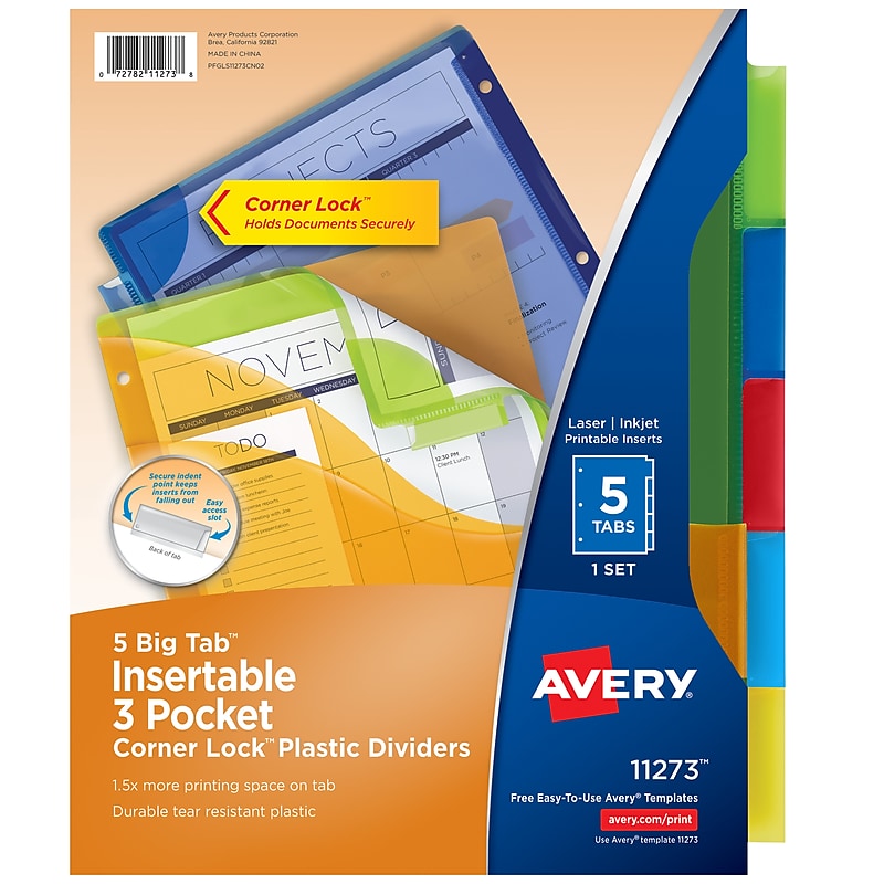 Avery Big Tab Corner Lock Insertable Plastic Dividers with 3 Pockets, 5 Tabs, Multicolor (11273) image 1