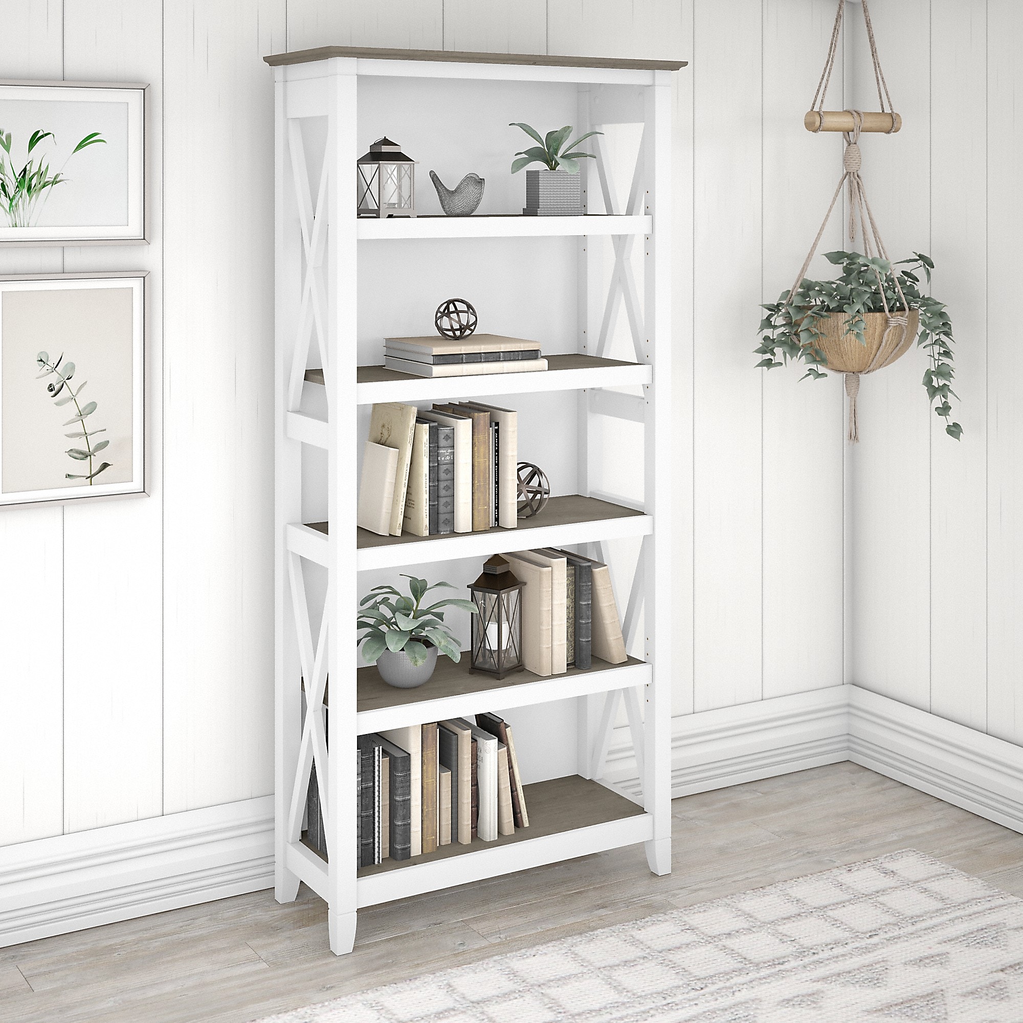 Bush Furniture Key West 66″H 5-Shelf Bookcase, Shiplap Gray/Pure White (KWB132G2W-03) Sansujyuku sansujyuku.com