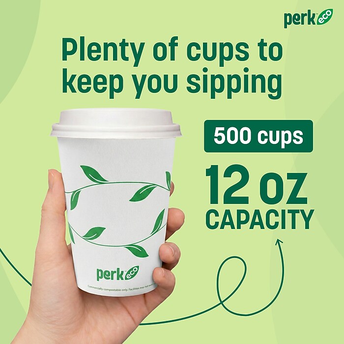 Perk™ Eco Compostable Paper Hot Cup, 12 Oz., White/Green, 500