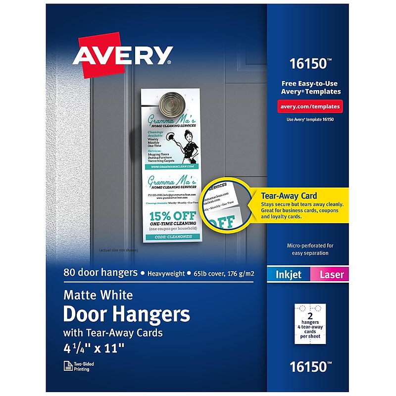 Avery Printable Door Hangers with Tear-Away Cards, 4 1/4" x 11", Matte White, Laser/Inkjet, 80/Pack (16150) image 1