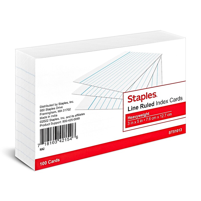 Staples Brand 3" x 5" Index Cards, Lined, White, 100/Pack (ST51013-CC) image 1
