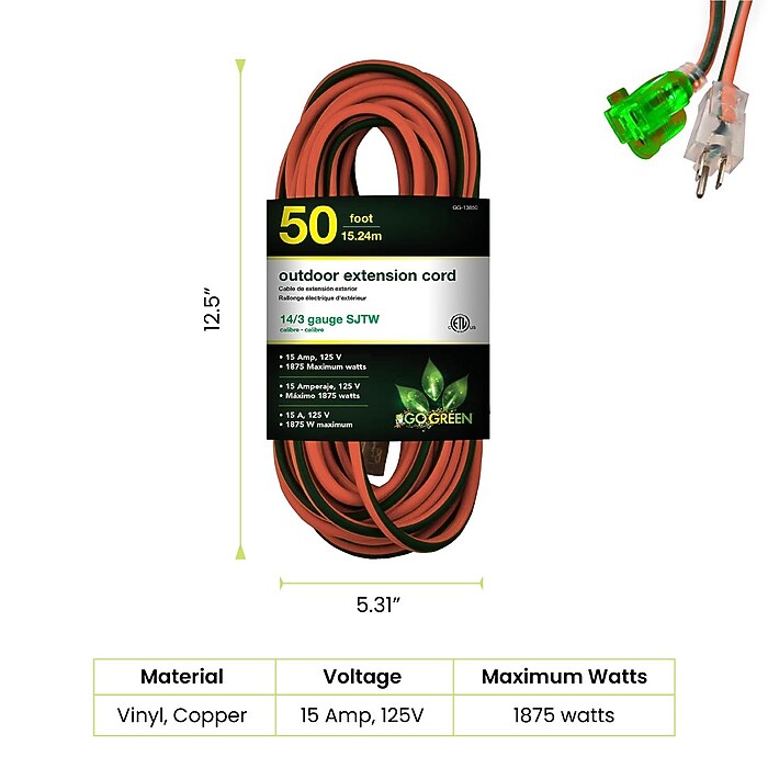 GoGreen Power 50' Indoor/Outdoor Extension Cord, 14 AWG, Orange