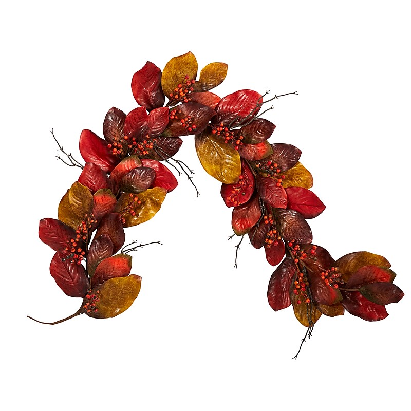 Nearly Natural 6' Autumn Magnolia Leaf with Berries Artificial Garland (4495) image 1