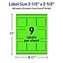 Avery Laser/Inkjet Multipurpose Square Labels, 2.5" x 2.5", Neon Green, 180/Pack (94104)~#|#~C885226A-E48C-471E-A02B13CA5AABF7EC_sc7