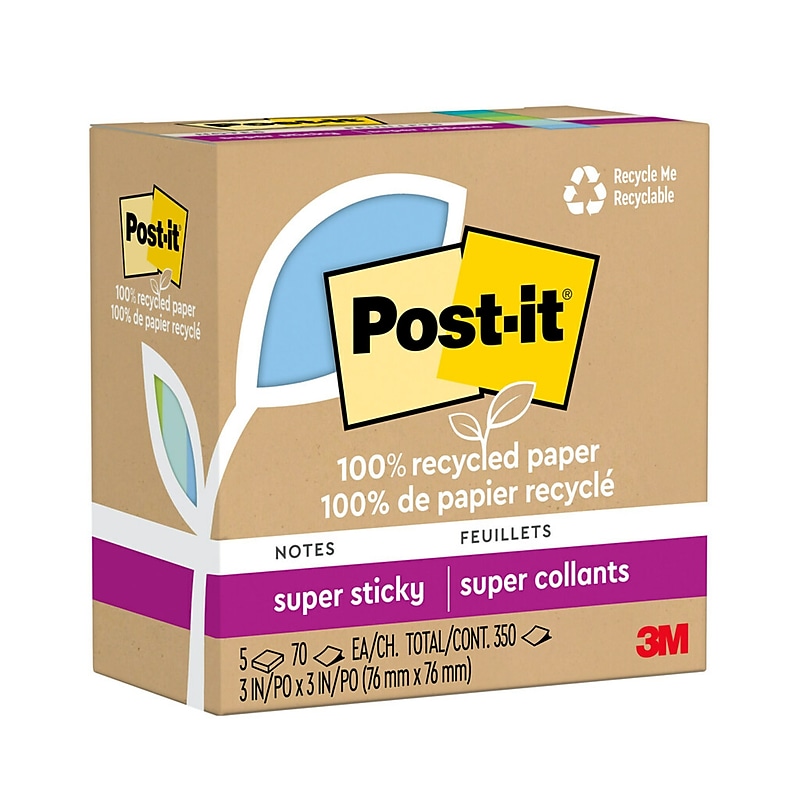 Post-it Oasis Recycled Super Sticky Notes, 3" x 3", Oasis Collection, 70 Sheets/Pad, 5 Pads/Pack (654R-5SST) image 1