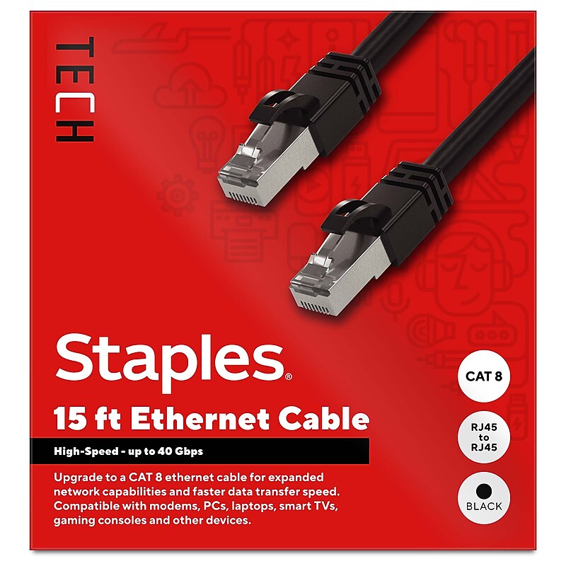 Staples TECH 15 ft. Cat-8 Ethernet Cable, Male to Male, Black (ST62464) image 1