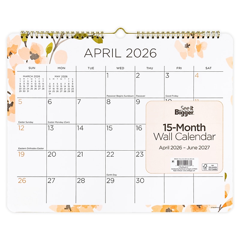 2026-2027 See It Bigger 15" x 12.25" Academic Monthly Wall Calendar, Pink Floral (90438DS) image 1
