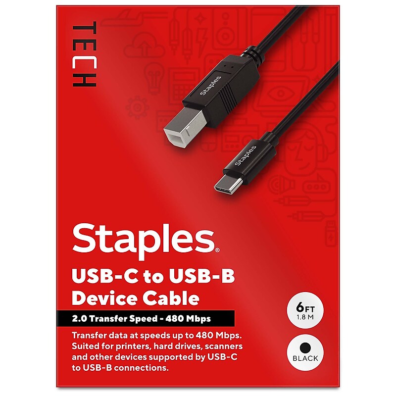 Staples TECH 6 ft. USB-C to USB-B 2.0 Cable, Male to Male, Black (ST62444) image 1