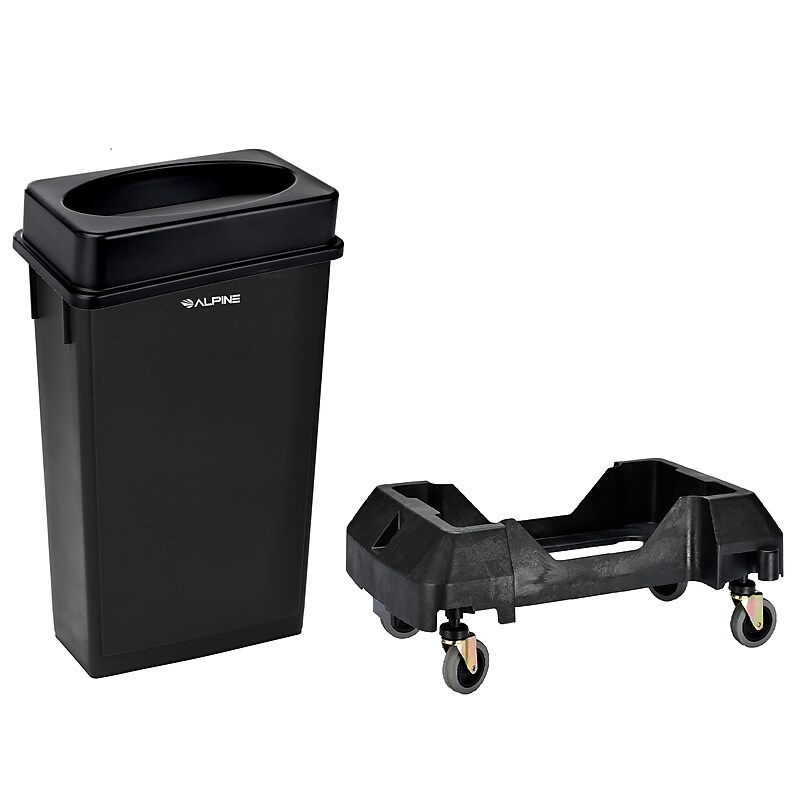 Alpine Industries Polypropylene Trash Can with Lid and Dolly, 23 Gallon, Black (ALP477-BLK1-PKD) image 1