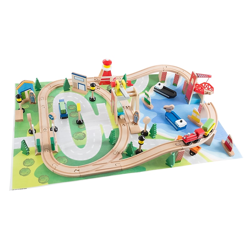 Hey! Play! Wooden Train Set & Play Mat, Multicolored (80-HJD931029) image 1