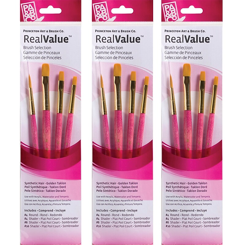 Princeton RealValue Mixed Media Synthetic Taklon Variety Brush Set, Pink, 4/Set, 3 Sets/Bundle (PBXPR9181-3) image 1