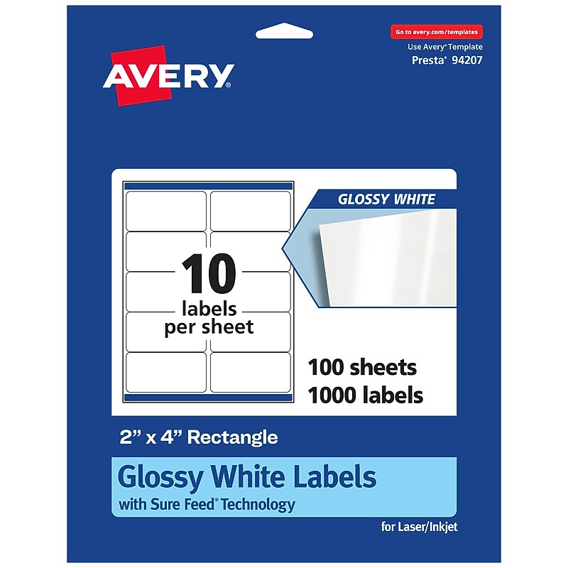 Avery Laser/Inkjet Multipurpose Labels, 2" x 4", White, 10 Labels/Sheet, 100 Sheets/Pack (94207-WGP100) image 1