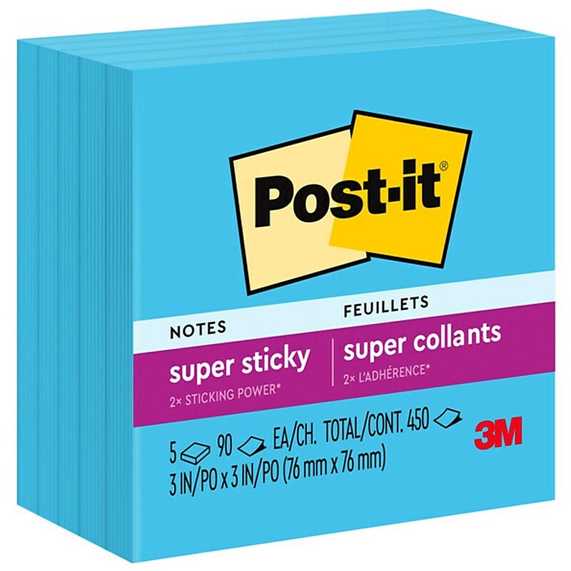 Post-it Super Sticky Notes, 3" x 3", Blue Paradise, 90 Sheet/Pad, 5 Pads/Pack (654-5SSBE) image 1
