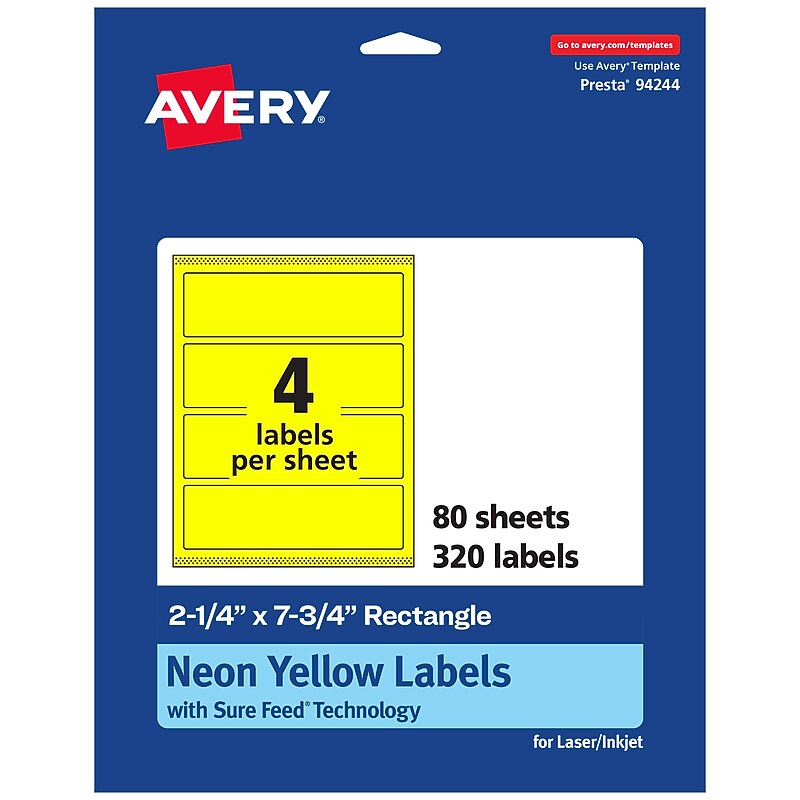Avery Rectangle Laser/Inkjet Multipurpose Labels, 2.25" x 7.75", Neon Yellow (320/Box) image 1