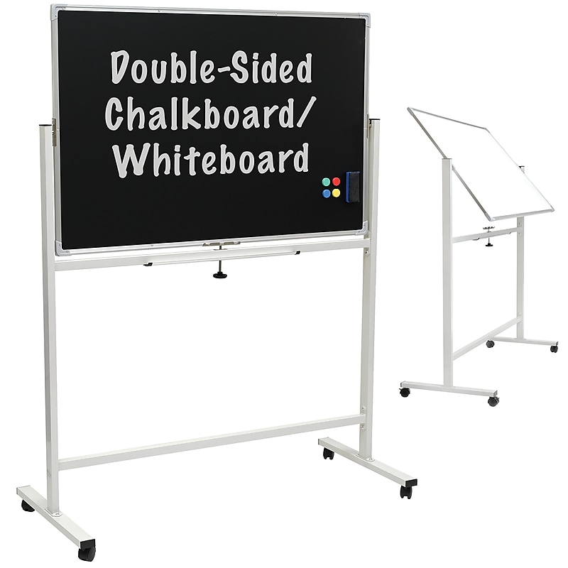Excello Global Products Double Sided Magnetic Mobile Whiteboard Chalkboard Combo, White Frame, 48" x 32" image 1