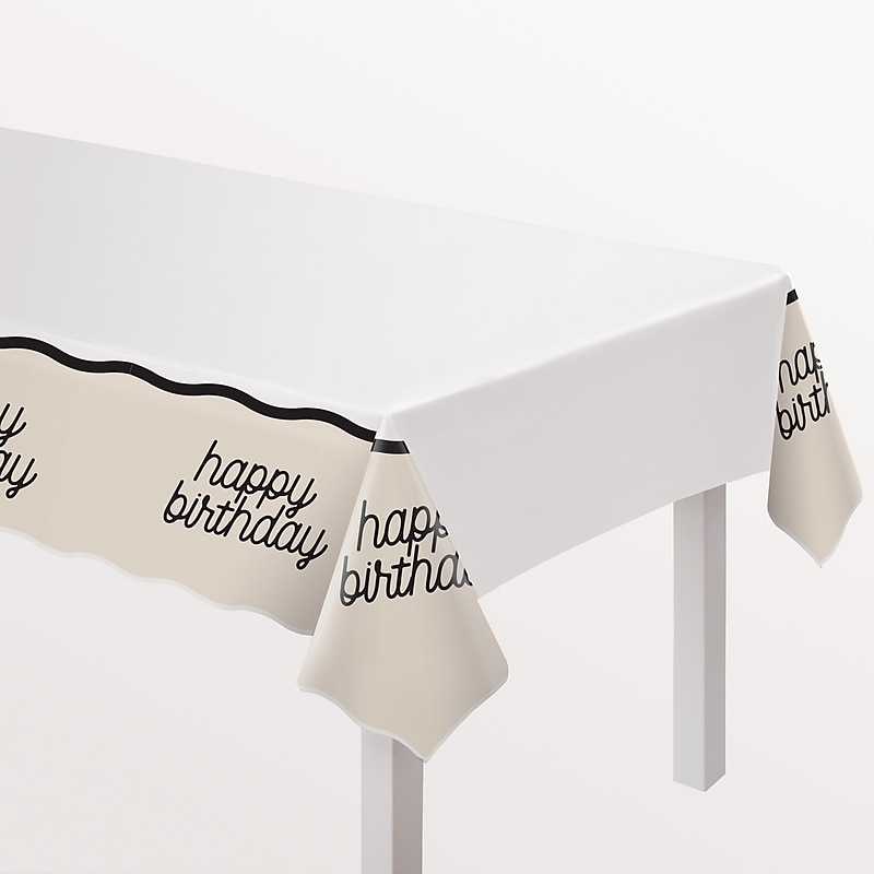 Party City Birthday Chic 102" x 54" Plastic Table Cover, White/Black (AM57010002-PC) image 1