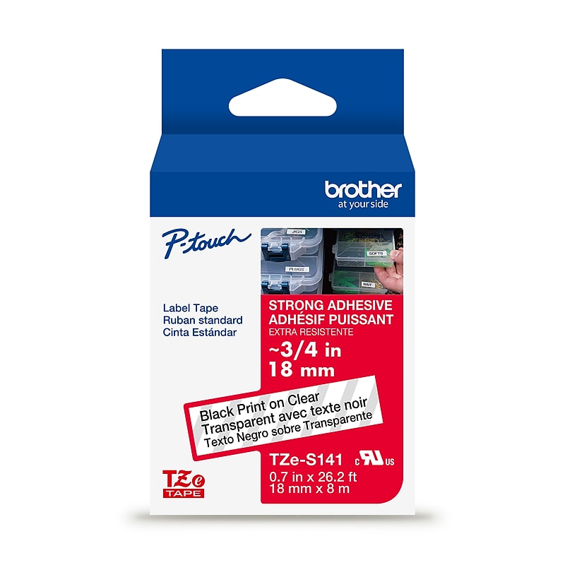 Brother P-touch Strong Adhesive Laminated Label Tape, ~3/4" x 26.2', Black on Clear (TZeS141) image 1