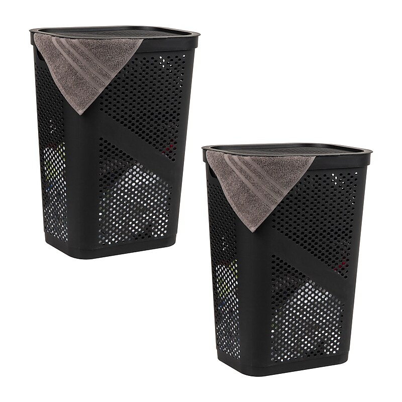 Mind Reader 15.85-Gallon Slim Laundry Hamper with Lid, Plastic, Black, 2/Set (2HBIN60-BLK) image 1