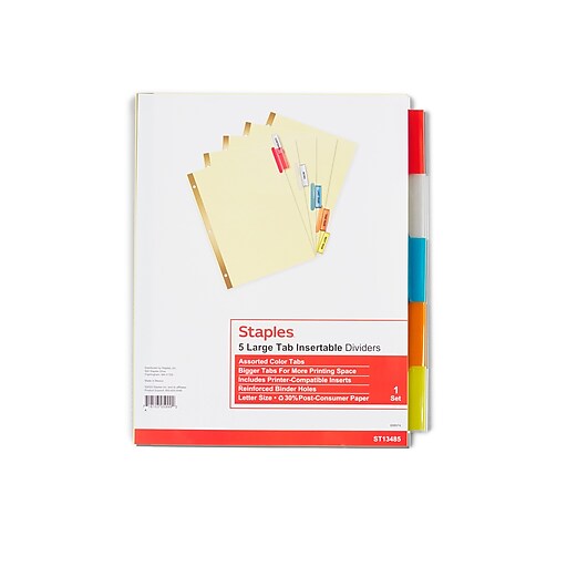 Staples Large Tab Insertable Dividers, 5Tab, Assorted Colors (13485/11109) Staples