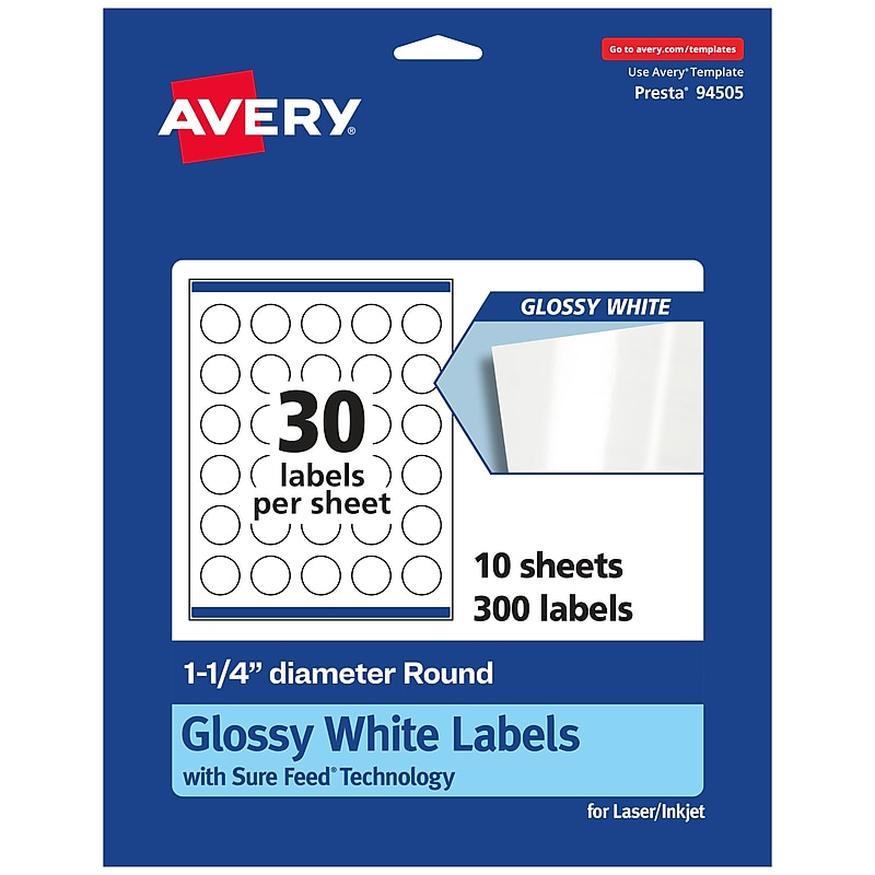 Avery Laser/Inkjet Round Multipurpose Labels, 1.25" Dia., White, 300 Labels/Pack (94505) image 1