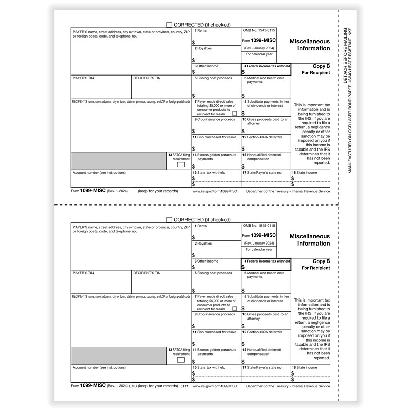 ComplyRight 2024 1099-MISC Tax Form, 1-Part, 2-Up, Recipient Copy B, 50/Pack (511150) image 1