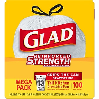 CloroxPro Glad ForceFlex 13 Gallon Tall Kitchen Trash Bag, 8.75" x 9.06", Low Density, .95 mil, White, 100 Bags/Box (CLO 78526)
